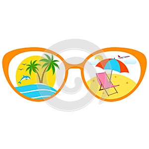 Sun lounger reflection glasses under an umbrella on a tropical beach.
